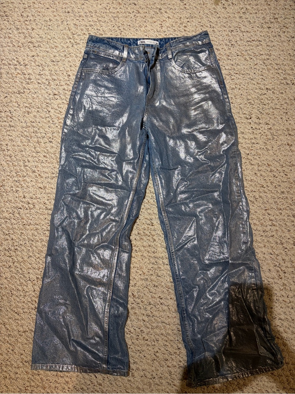 ZARA Metallic Blue Jeans Wide-Leg